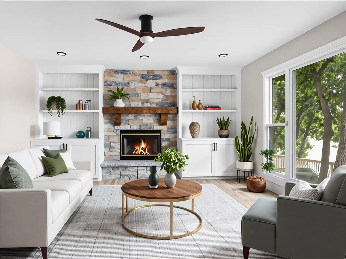 Bright living room with a stone fireplace and wood mantel, built-in white shelving, modern ceiling fan, large windows, neutral seating, and a round wood coffee table.