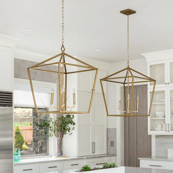 Modern gold geometric pendant lights in kitchen.