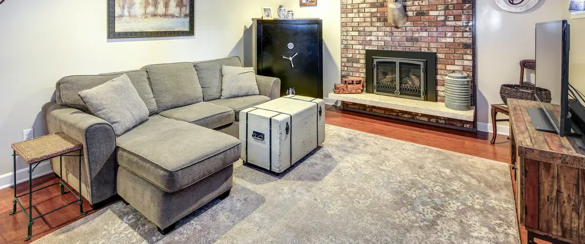 A cozy finished basement featuring a rustic brick fireplace, a large grey sectional sofa, and a vintage trunk coffee table on a neutral area rug.