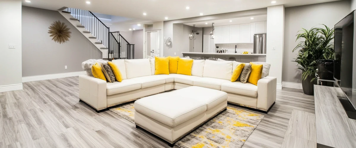 Interior view of a spacious basement living room home addition with vaulted ceilings and large windows.
