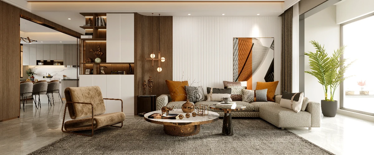 Luxurious open concept modern living room featuring a large sectional sofa, round marble coffee table, warm wood accents, and elegant lighting.